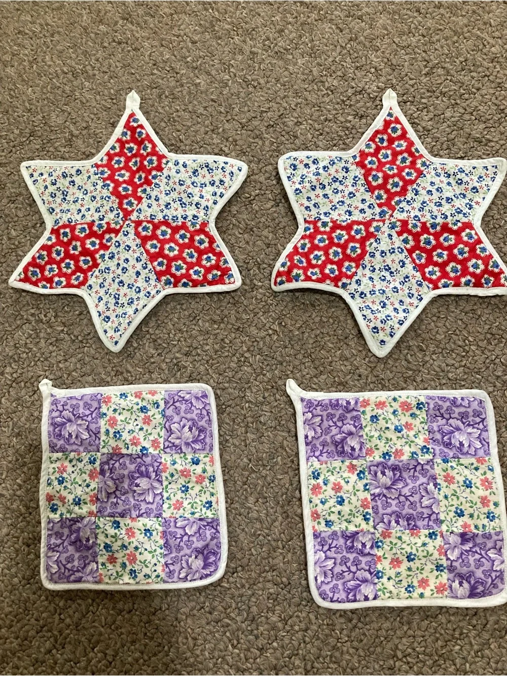 Vintage Handmade Potholders Lot Of 4 Cotton Stars And Squares Reversible
